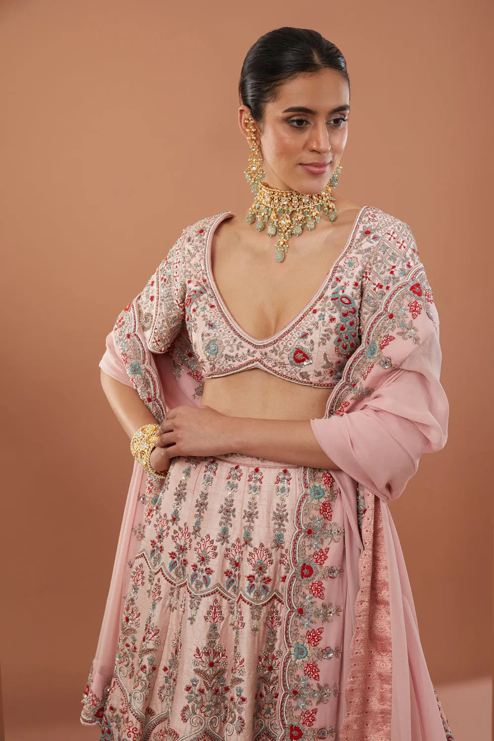 Pink Raw Silk Hand Embroidered Lehanga Set