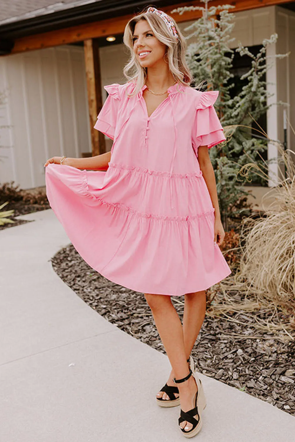 Pink V Neck Layered Ruffled Sleeves Mini Dress