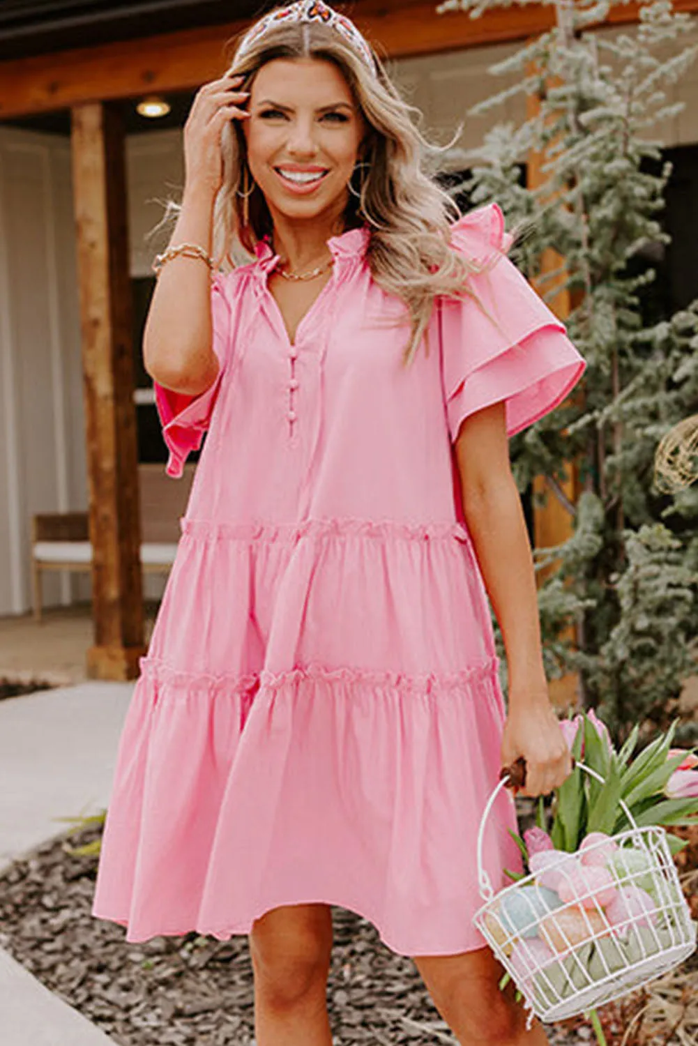 Pink V Neck Layered Ruffled Sleeves Mini Dress