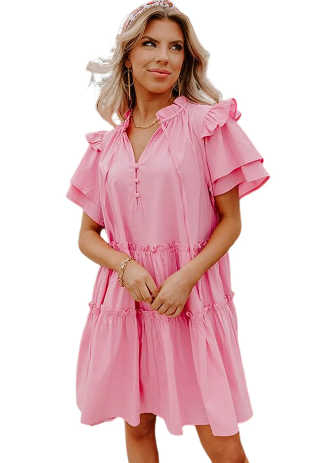 Pink V Neck Layered Ruffled Sleeves Mini Dress
