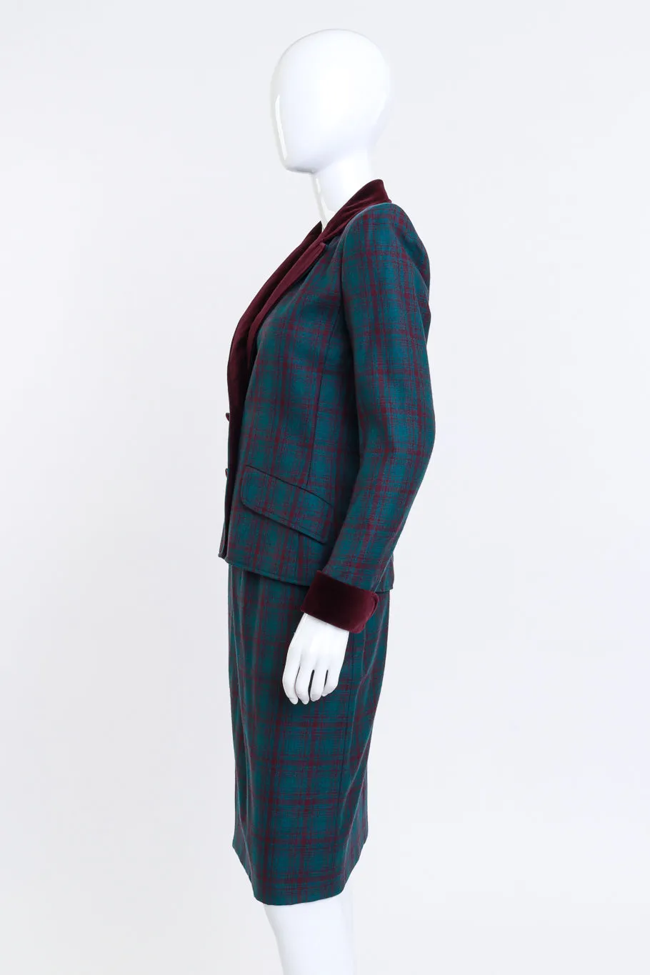 Plaid Velvet Trim Jacket & Skirt Set