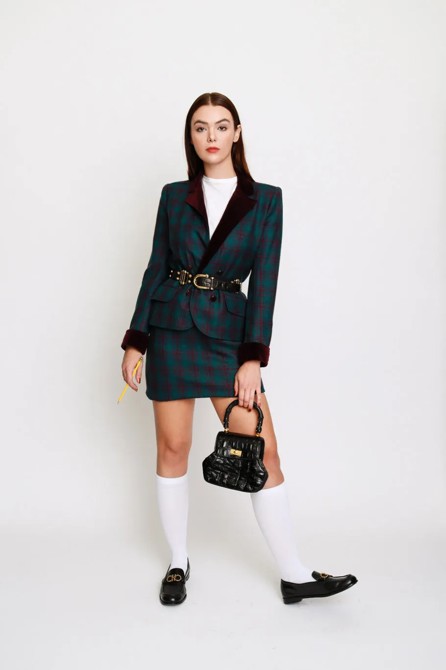Plaid Velvet Trim Jacket & Skirt Set