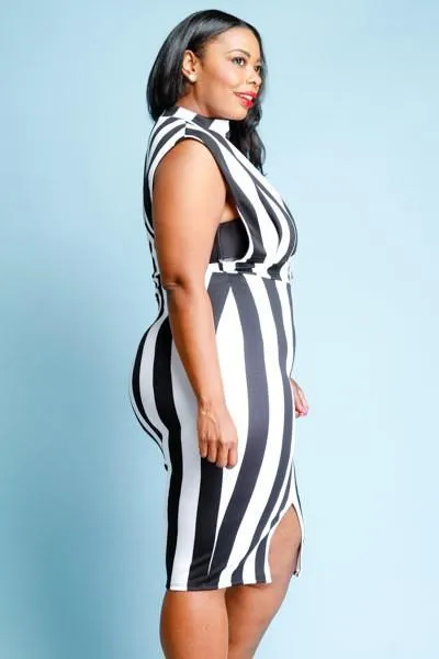 Plus Size Sleeveless Sexy V Detail Striped Midi Dress