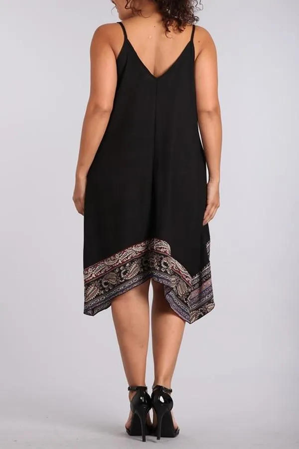 Plus Size Solid Sleeveless Midi Dress With Paisley Printed - Black