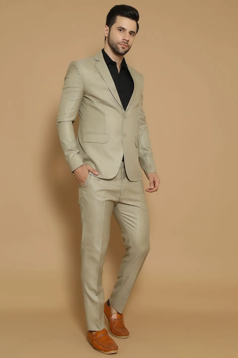 Poly Viscose Beige Two Piece Suit