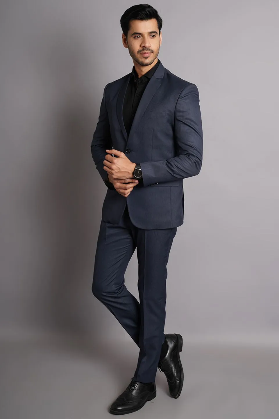 Poly Viscose Blue Solid Two Piece Suit