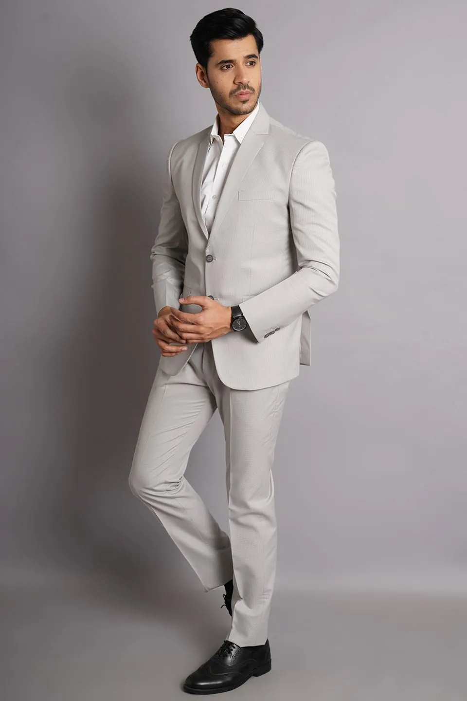 Poly Viscose Grey Solid Two Piece Suit
