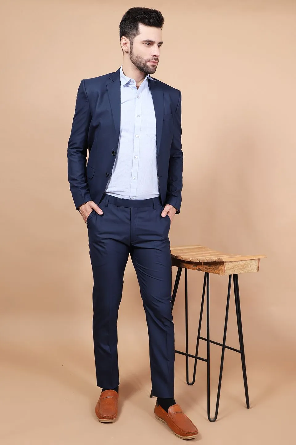 Polyester Cotton Blue Two Piece Suit