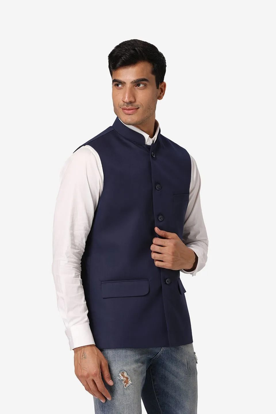 Polyester Cotton Navy Blue Modi Nehru Jacket