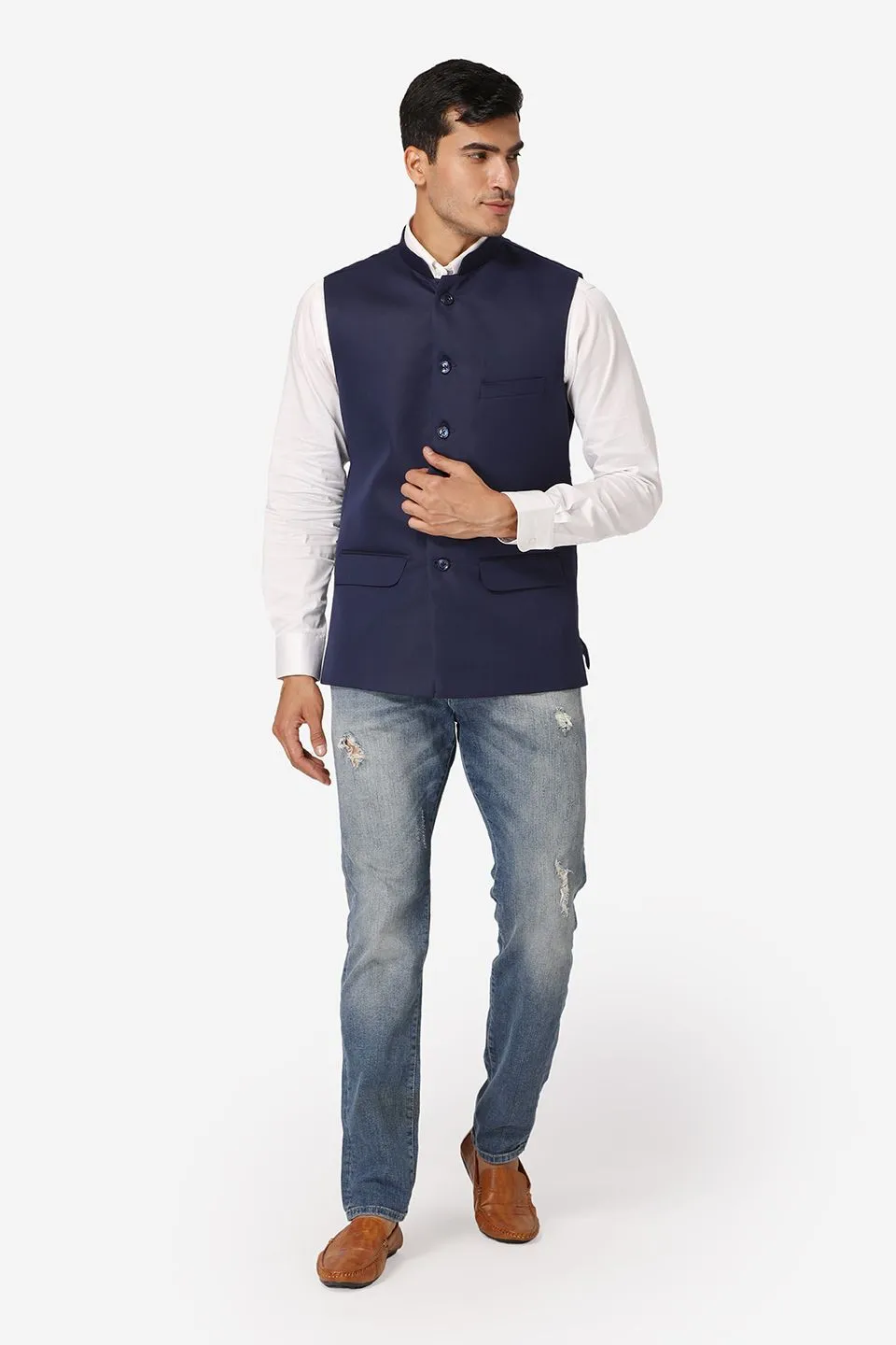 Polyester Cotton Navy Blue Modi Nehru Jacket