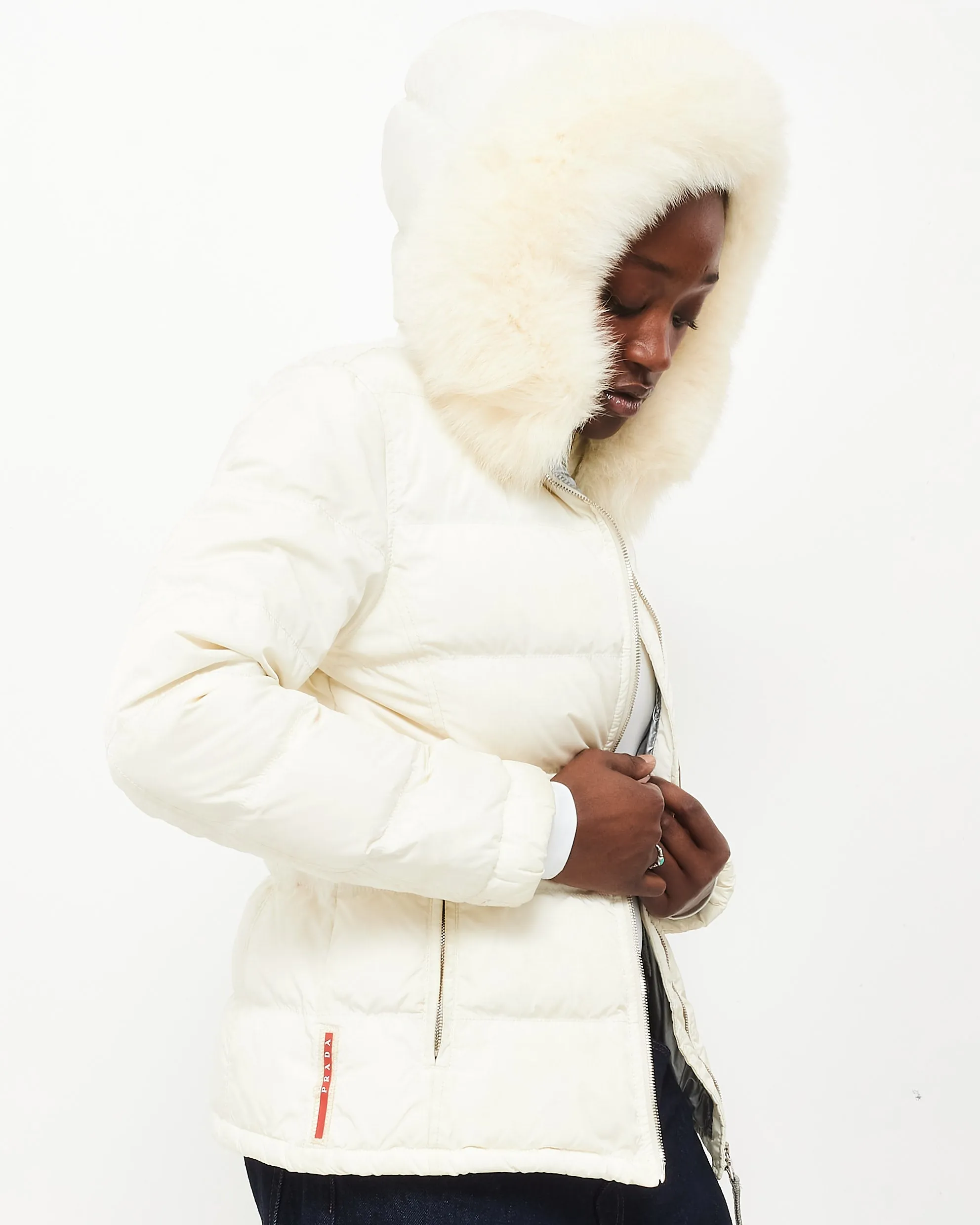 Prada White Down & Fur Hood Ski Jacket - XS