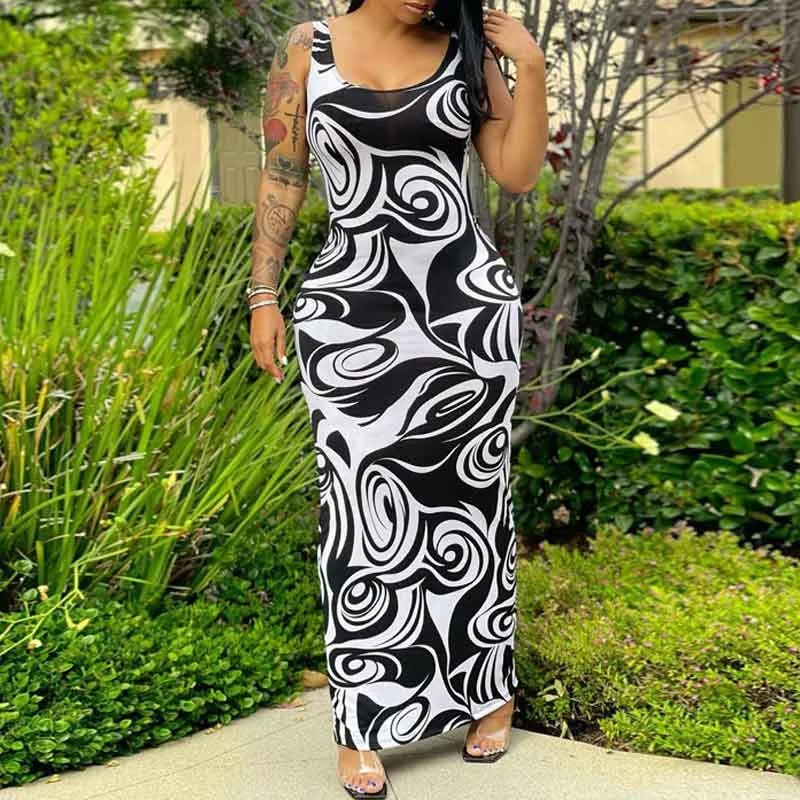 Print U Neck Sleeveless Maxi Dress