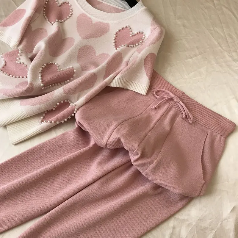 Printed Hearts Knitted Two Piece suit (short sleeve)