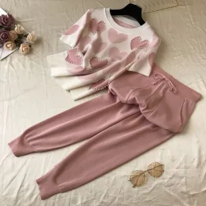 Printed Hearts Knitted Two Piece suit (short sleeve)