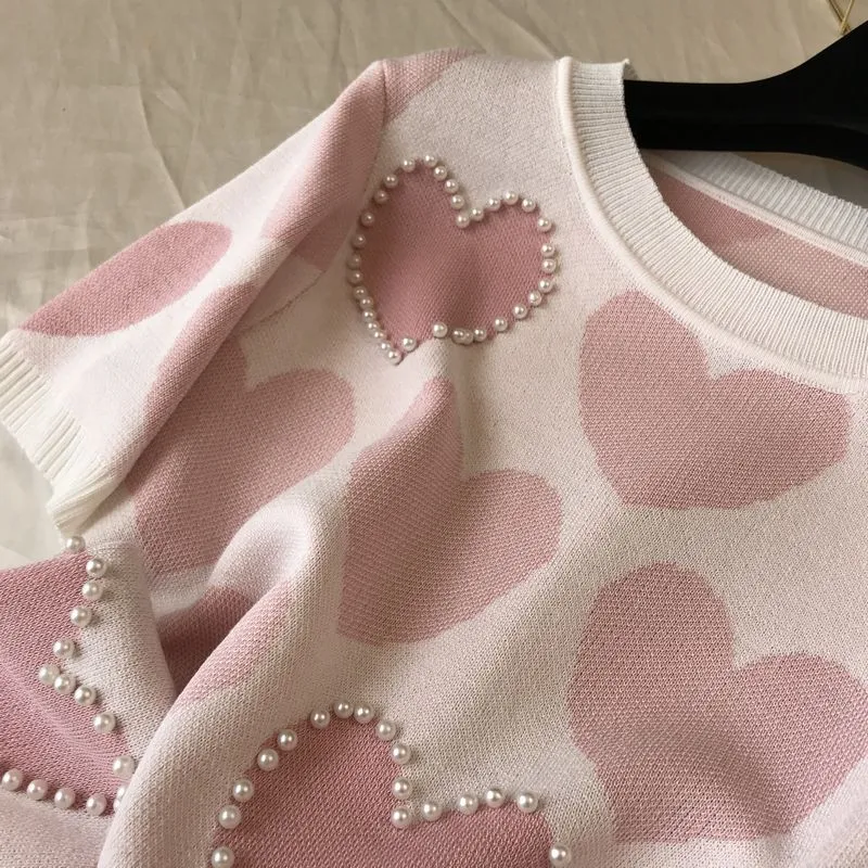 Printed Hearts Knitted Two Piece suit (short sleeve)