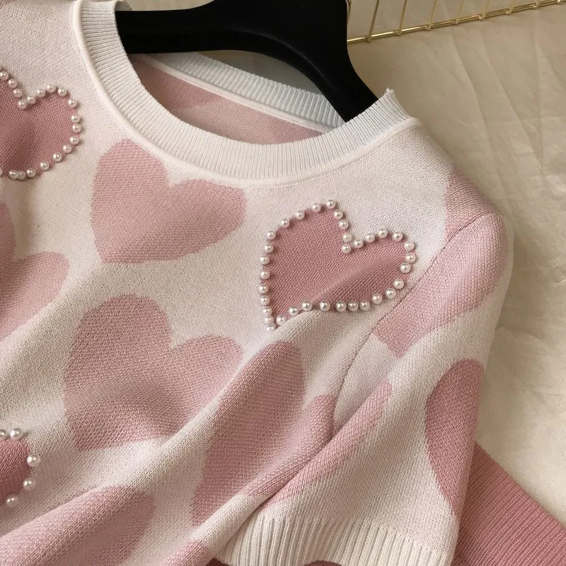 Printed Hearts Knitted Two Piece suit (short sleeve)