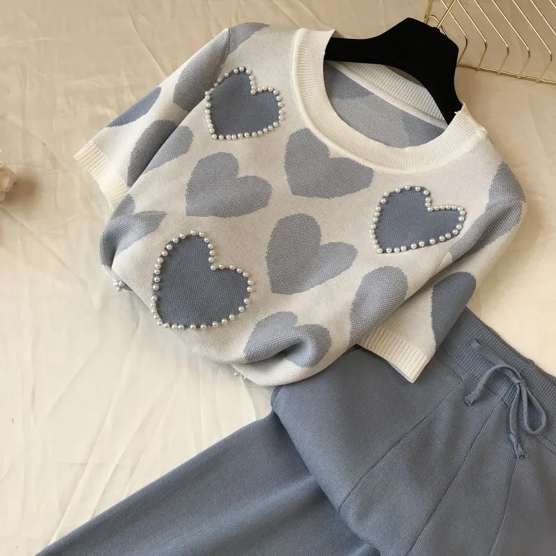 Printed Hearts Knitted Two Piece suit (short sleeve)
