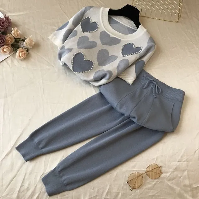 Printed Hearts Knitted Two Piece suit (short sleeve)
