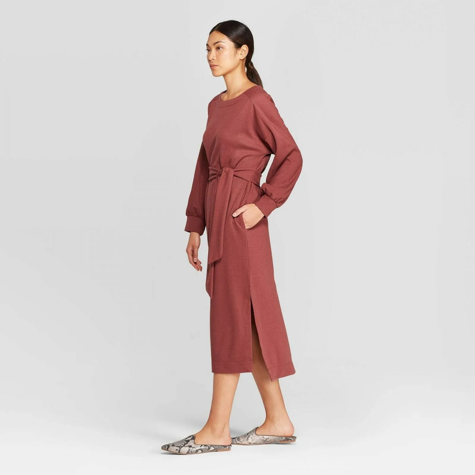 Prologue Women's Casual Fit Long Sleeve Boat Neck Midi Shift Dress