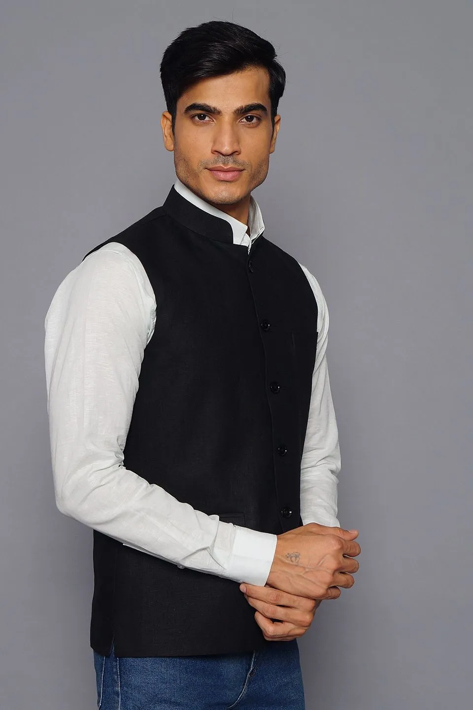 Pure Linen Black Modi Nehru Jacket
