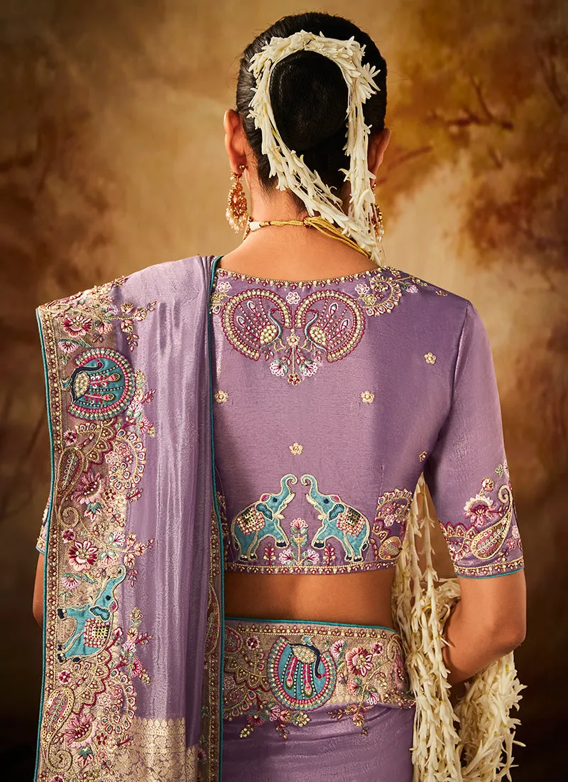 Purple Multi Embroidery Banarasi Kanjivaram Silk Saree