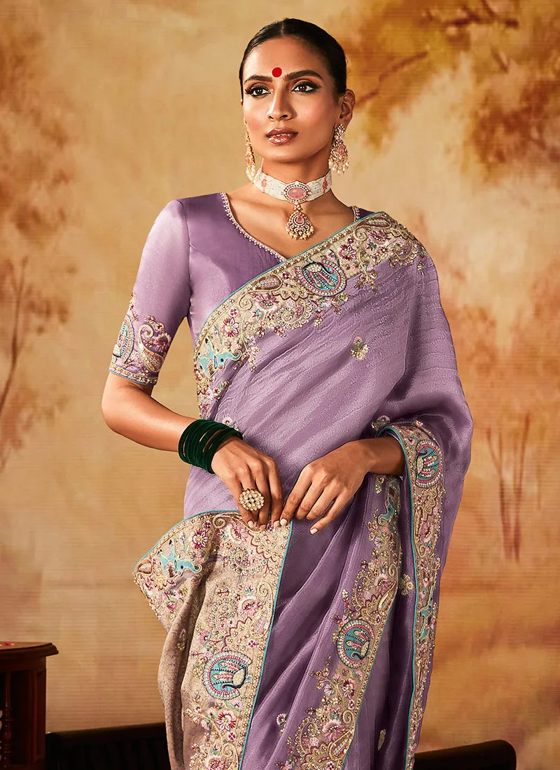 Purple Multi Embroidery Banarasi Kanjivaram Silk Saree