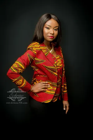 Q119 - Geometric African Print Blazer - B5302 Red/Black/Yellow Pods