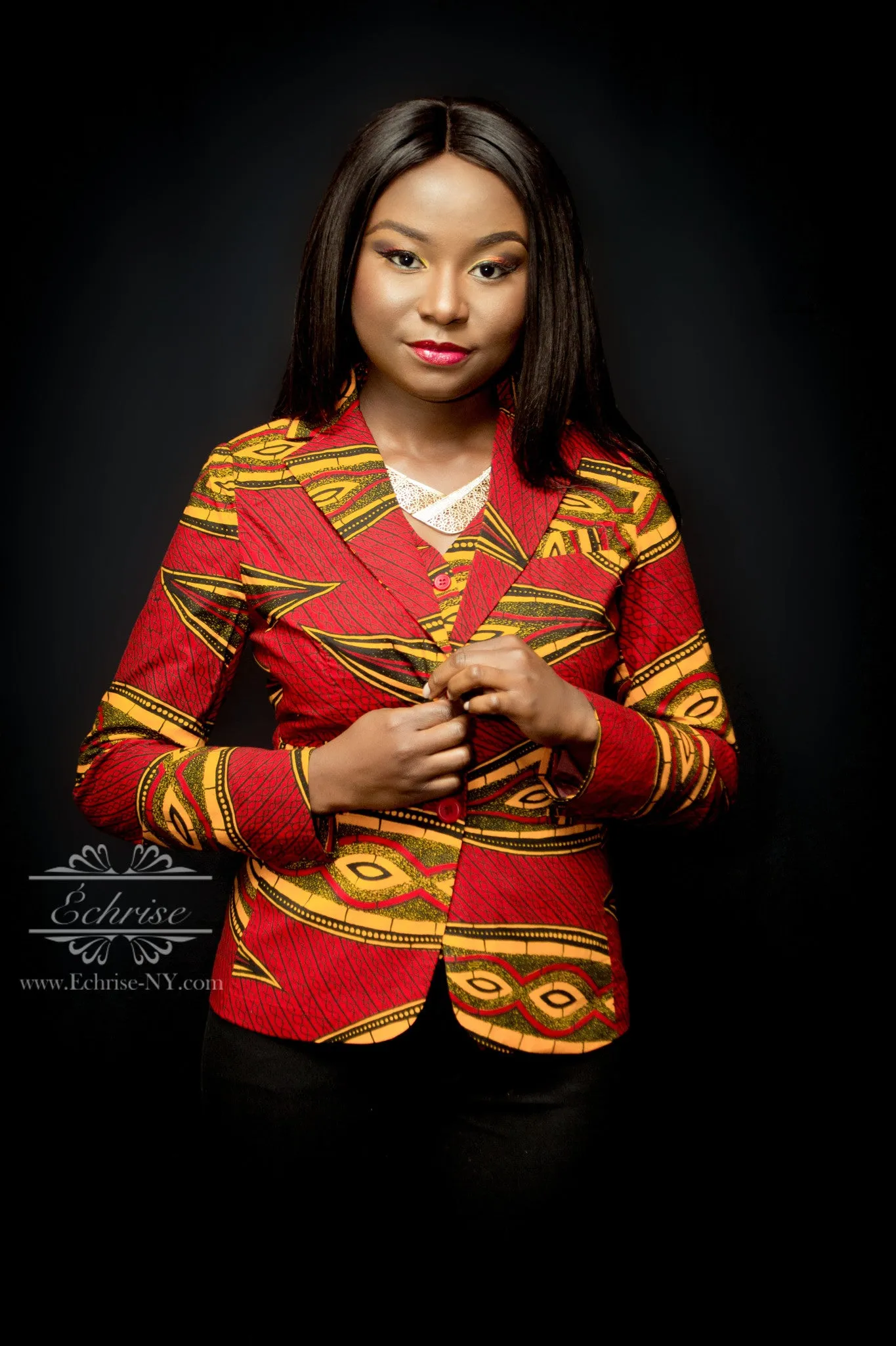 Q119 - Geometric African Print Blazer - B5302 Red/Black/Yellow Pods