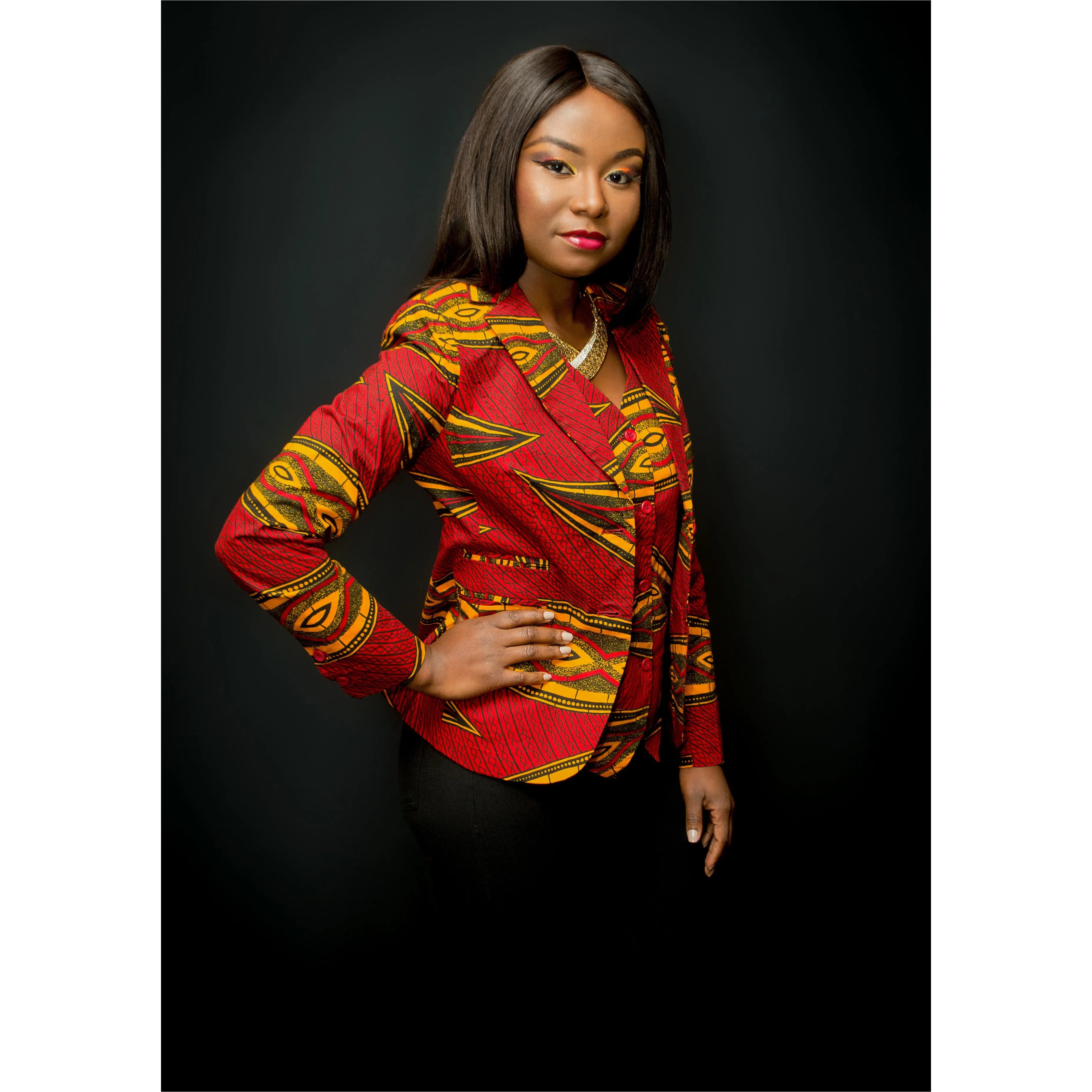 Q119 - Geometric African Print Blazer - B5302 Red/Black/Yellow Pods