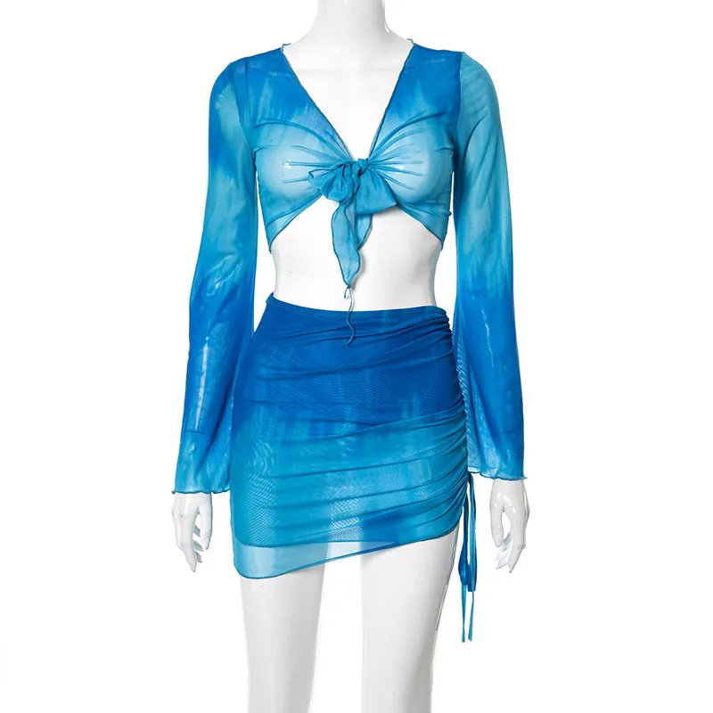 R21ST129Tie Dye Tulle Skirt European and American Women's Clothing2023Spring and Summer Print Navel Bell Sleeve Beach Skirt Suit