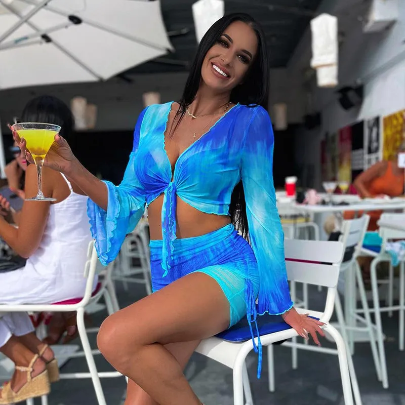R21ST129Tie Dye Tulle Skirt European and American Women's Clothing2023Spring and Summer Print Navel Bell Sleeve Beach Skirt Suit