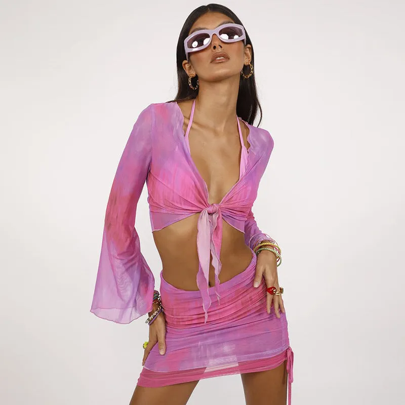 R21ST129Tie Dye Tulle Skirt European and American Women's Clothing2023Spring and Summer Print Navel Bell Sleeve Beach Skirt Suit