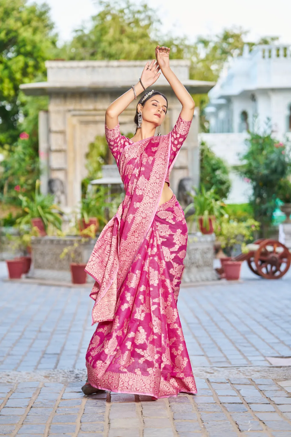 Rani Pink Lucknowi Work Silk Saree With Designer Blouse