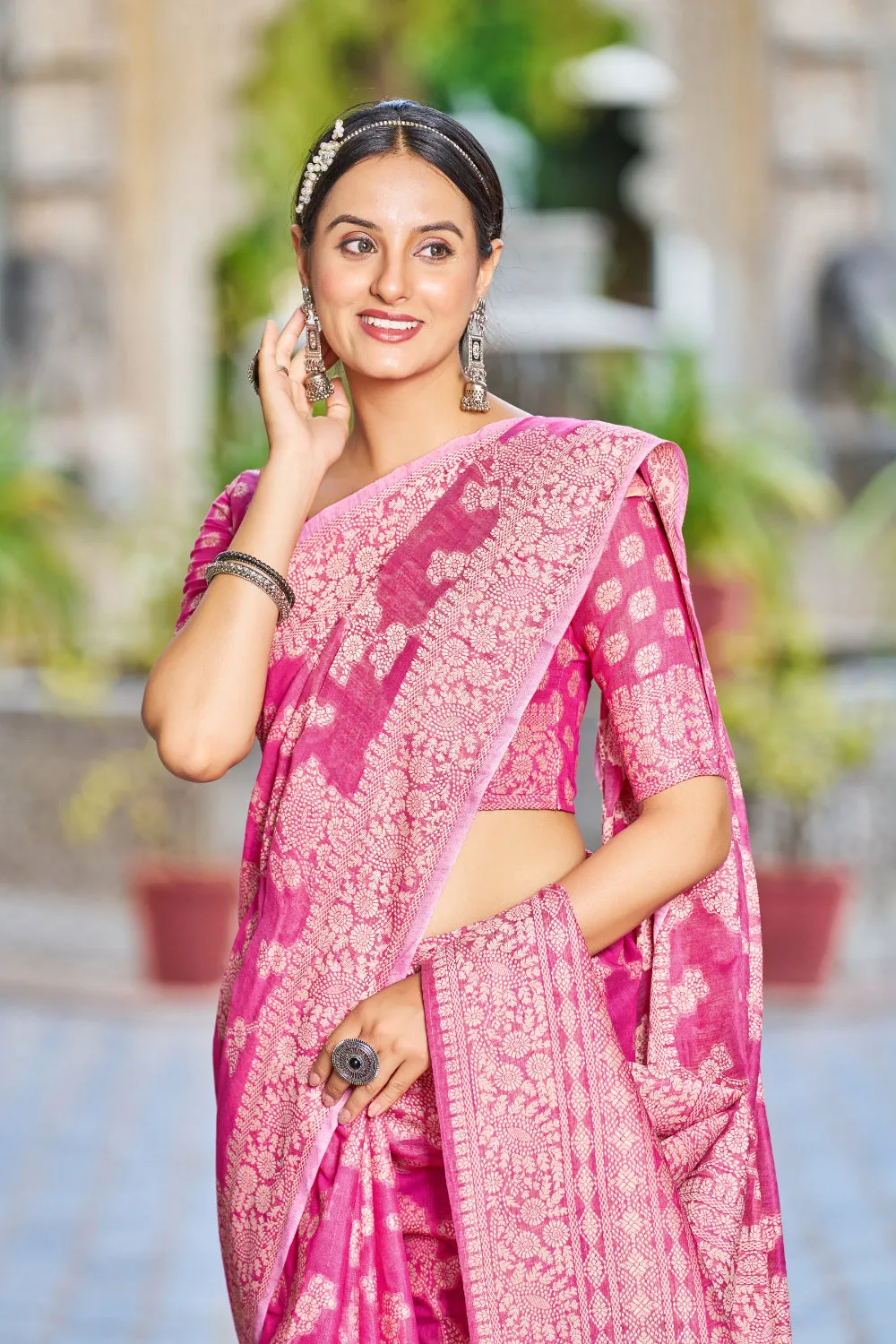 Rani Pink Lucknowi Work Silk Saree With Designer Blouse
