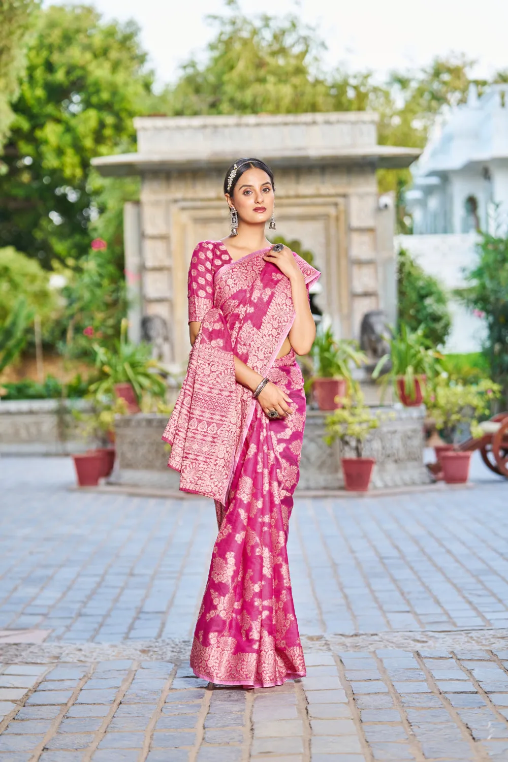Rani Pink Lucknowi Work Silk Saree With Designer Blouse