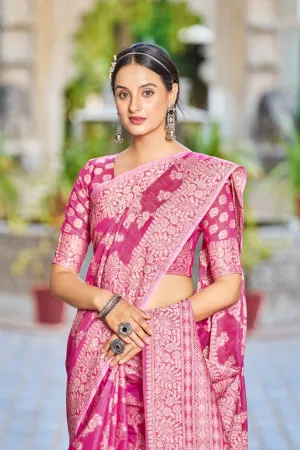 Rani Pink Lucknowi Work Silk Saree With Designer Blouse