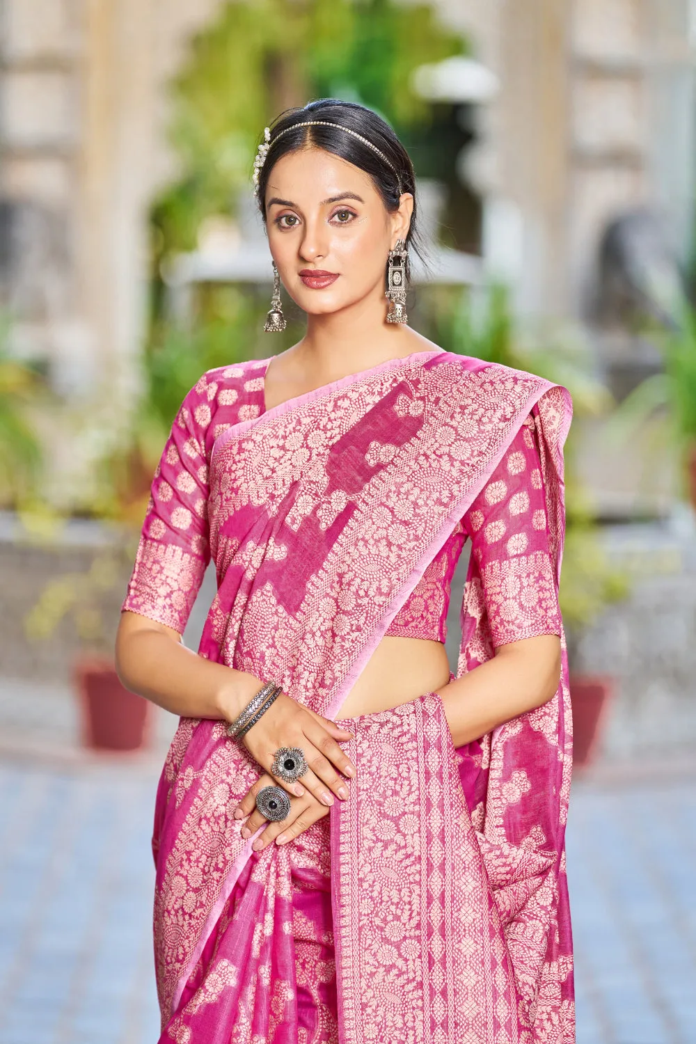 Rani Pink Lucknowi Work Silk Saree With Designer Blouse