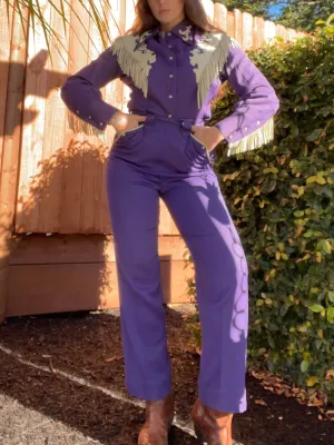 Rare 1950s Hilbilly Westerns Of Denver Vibrant Violet Gabardine Fringe Cowgirl Suit