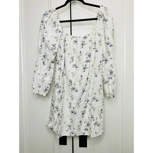 Reformation $178 Jerri Floral-Printed Puff Sleeve Linen Mini Dress Size Medium