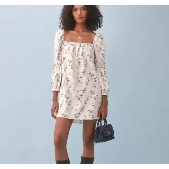 Reformation $178 Jerri Floral-Printed Puff Sleeve Linen Mini Dress Size Medium