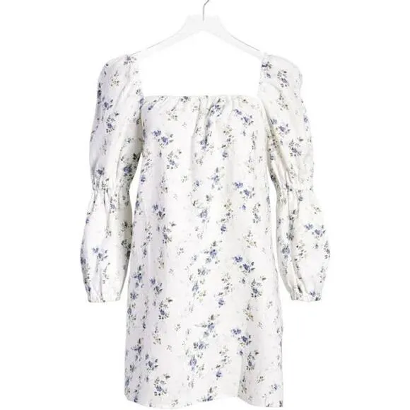 Reformation $178 Jerri Floral-Printed Puff Sleeve Linen Mini Dress Size Medium