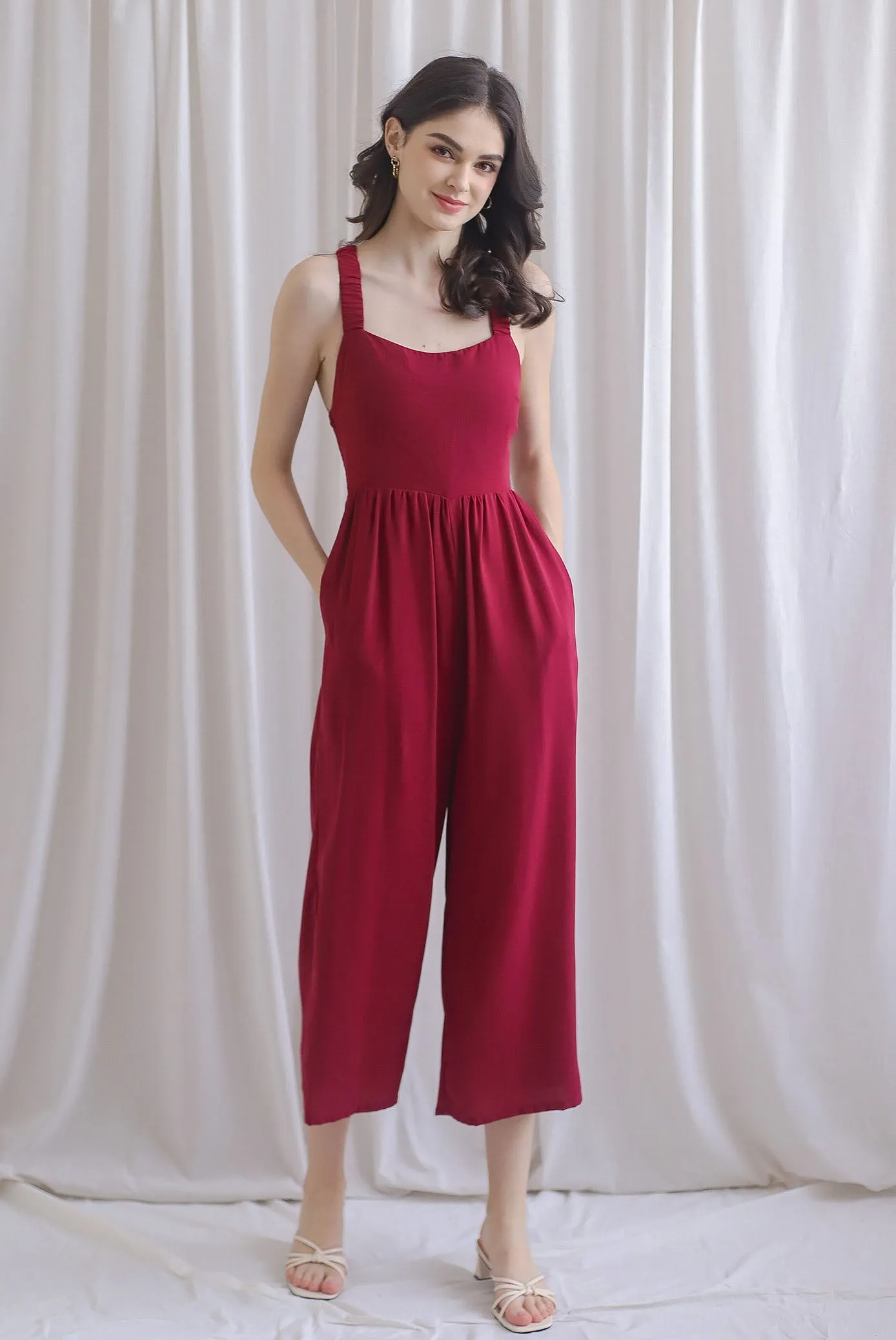 Renowe Cross Back Padded Jumpsuit In Wine Red