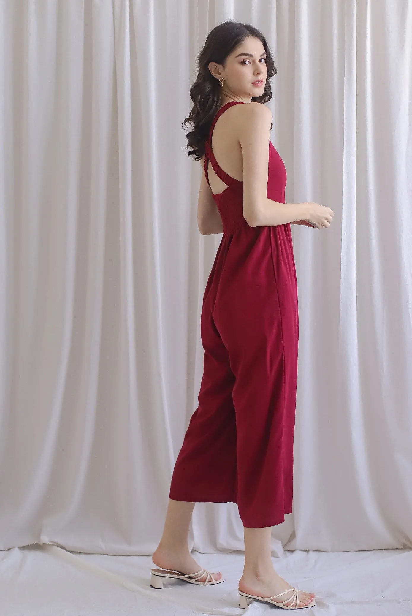 Renowe Cross Back Padded Jumpsuit In Wine Red