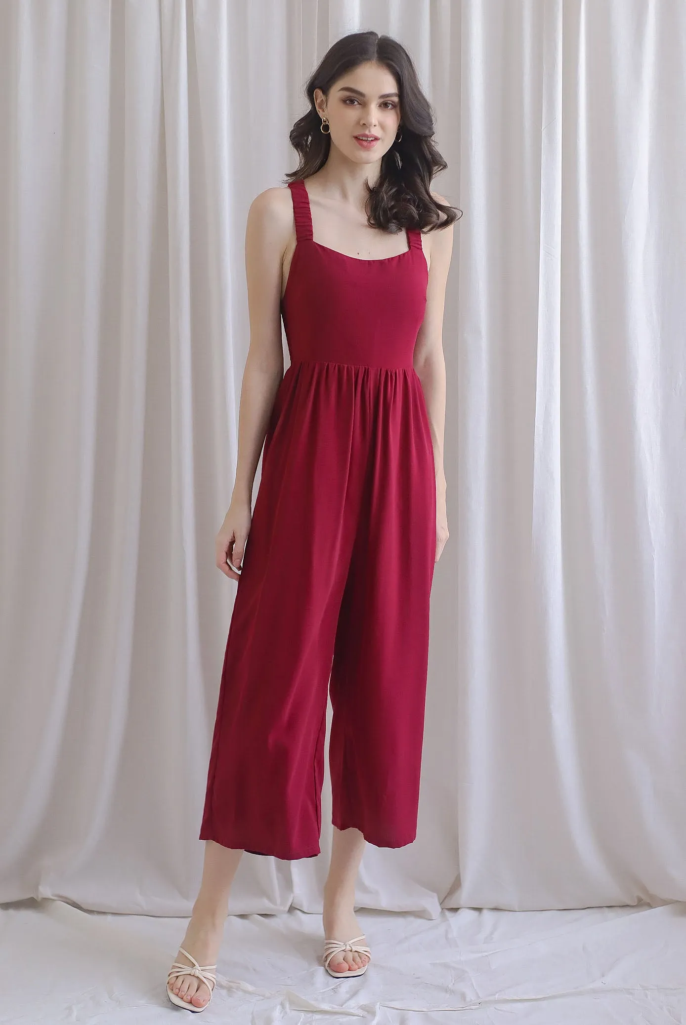 Renowe Cross Back Padded Jumpsuit In Wine Red