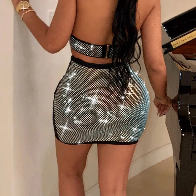 Rhinestone Backless Two Piece Set