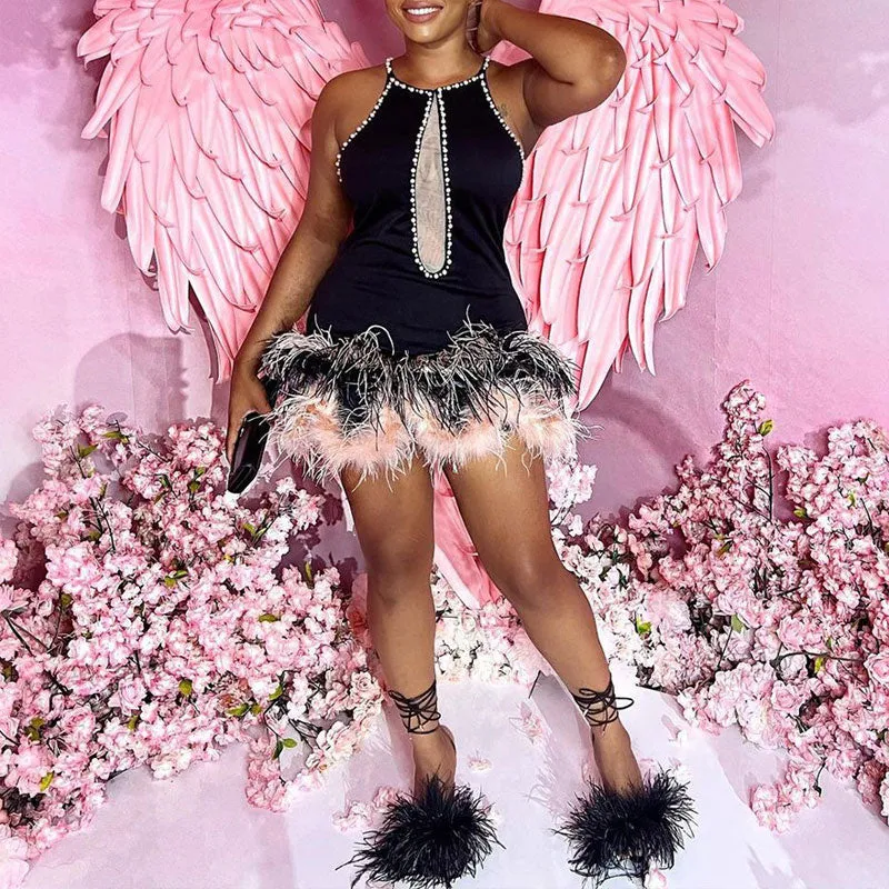 Rhinestone Beaded Sleeveless Feather Design Mini Dress
