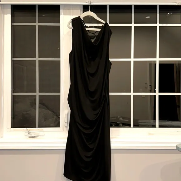 ROBERT RODRIGUEZ BLACK SLEEVELESS COWL DRAPE NECK, V-BACK SIDE RUCHING DETAIL