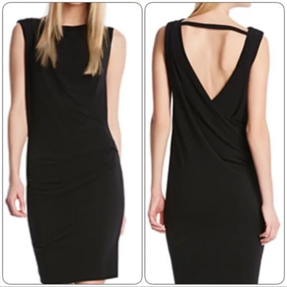 ROBERT RODRIGUEZ BLACK SLEEVELESS COWL DRAPE NECK, V-BACK SIDE RUCHING DETAIL