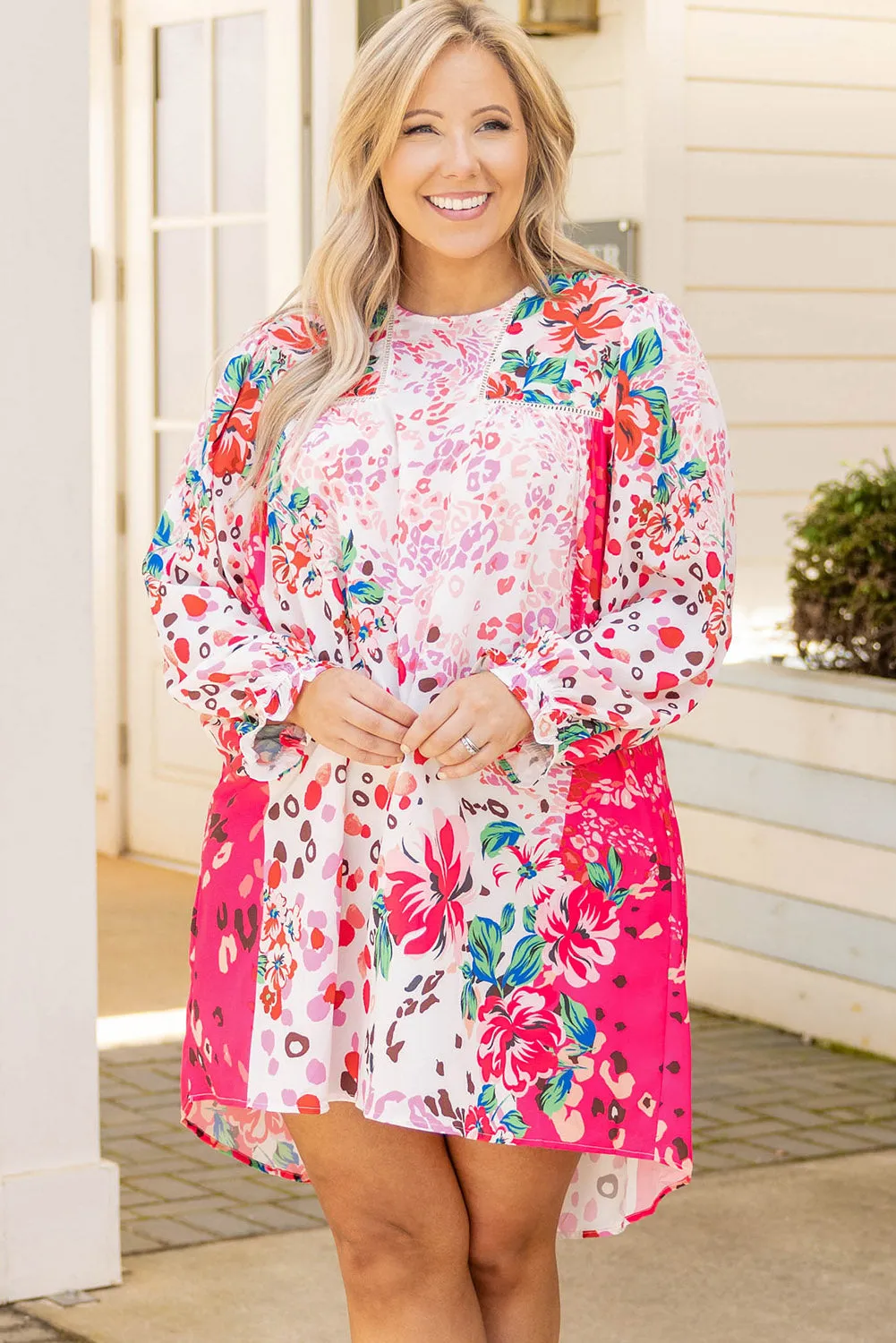 Rose Floral Long Sleeve Plus Size Shift Dress