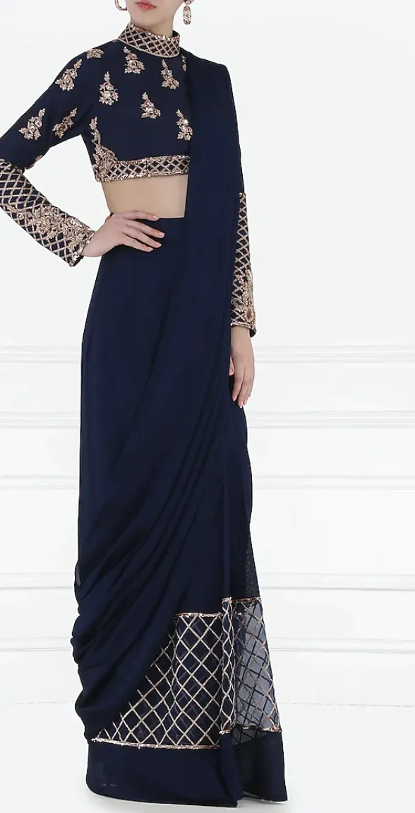 Rose Gold Beaded & Navy Pre-Draped Sari